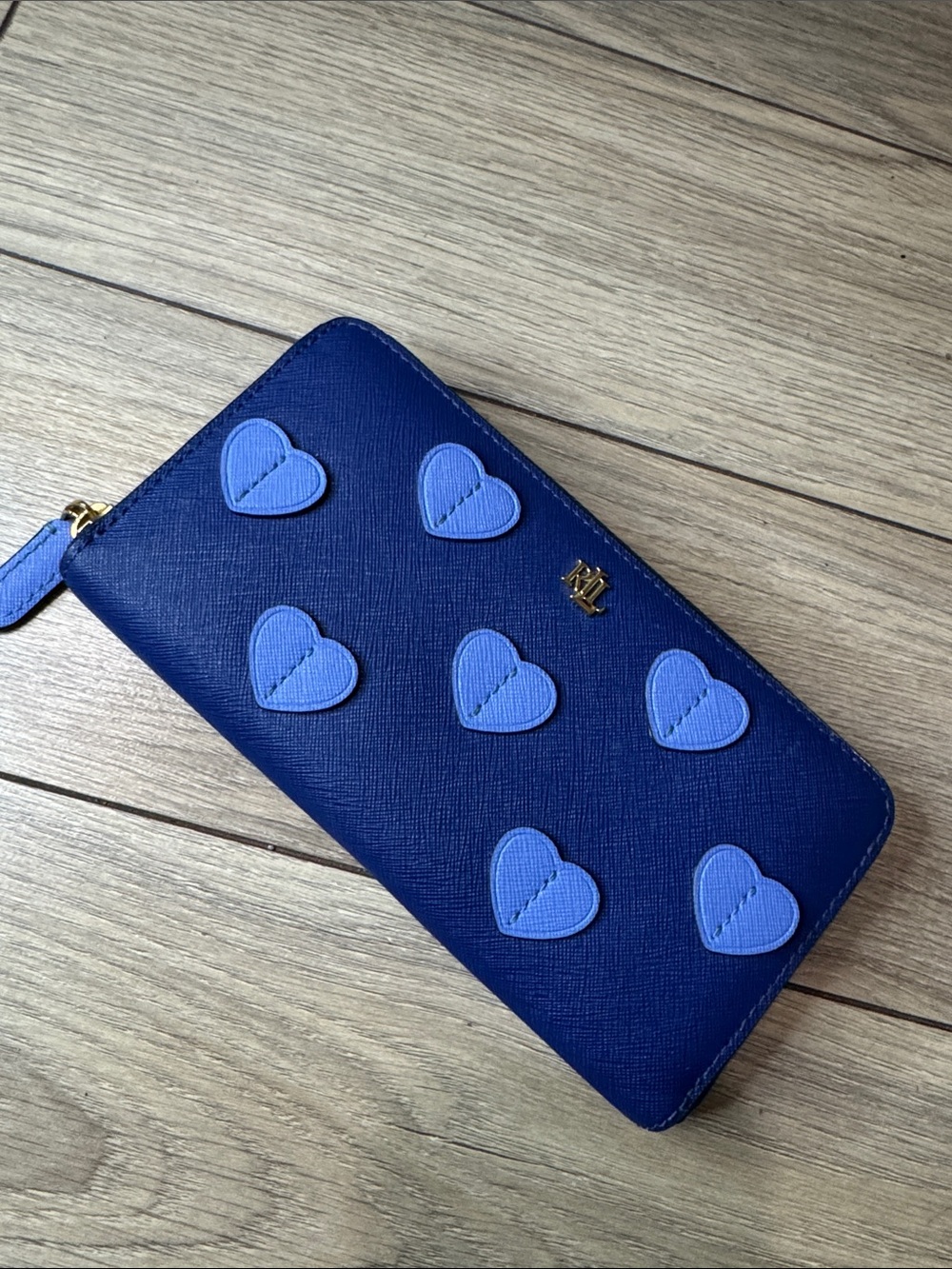 Ralph Lauren Cobalt Blue Zip Wallet with Light Blue Heart Appliqués